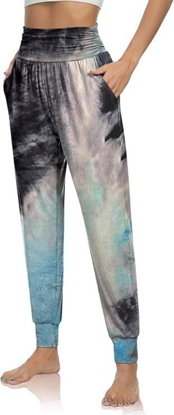 UEU High Waist Joggers Womens Large Tie DyeBlack Blue Cozy Yoga Sweatpants NEW